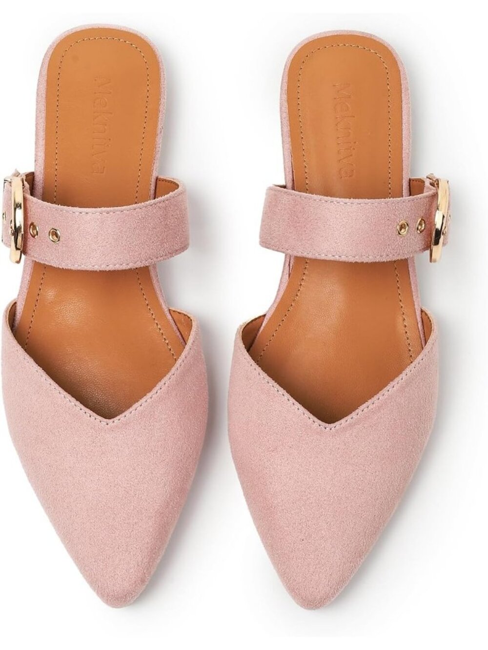 Women's Pink Pointed Toe Mules Adjustable Strap Synthetic Suede Slip On Shoes